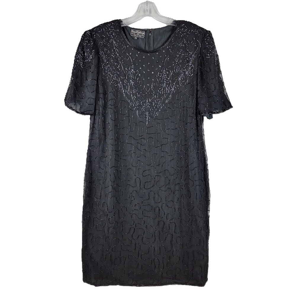 Vintage 80s Black Silk Beaded Shift Dress Evening Party Cocktail sz 2X